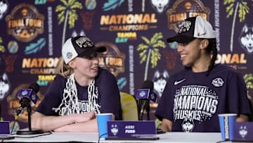 UConn stars Paige Bueckers and Azzi Fudd speak to the media after winning the national championship