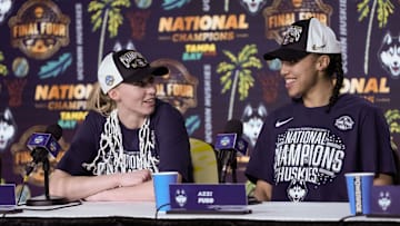 Connecticut Huskies guards Paige Bueckers and Azzi Fudd speak to the media after the national championship