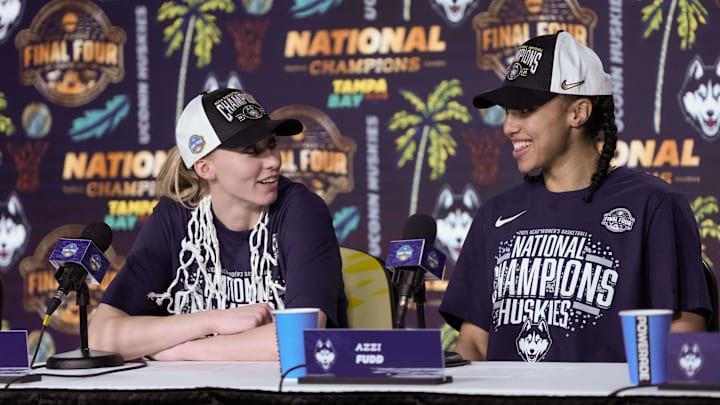 Connecticut Huskies guards Paige Bueckers and Azzi Fudd speak to the media after the national championship