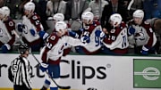 May 3, 2025; Dallas, Texas, USA; Colorado Avalanche defenseman Josh Manson (42) skates past his teammates after he scores a a short-handed goal against the Dallas Stars during the second period in game seven of the first round of the 2025 Stanley Cup Playoffs at American Airlines Center. Mandatory Credit: Jerome Miron-Imagn Images