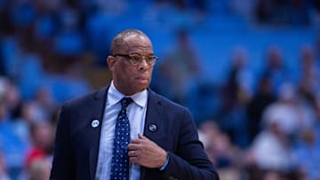 Nov 11, 2025; Chapel Hill, North Carolina, USA; North Carolina Tar Heels head coach Hubert Davis watches his team during the first half against the Radford Highlanders at Dean E. Smith Center. Mandatory Credit: Scott Kinser-Imagn Images