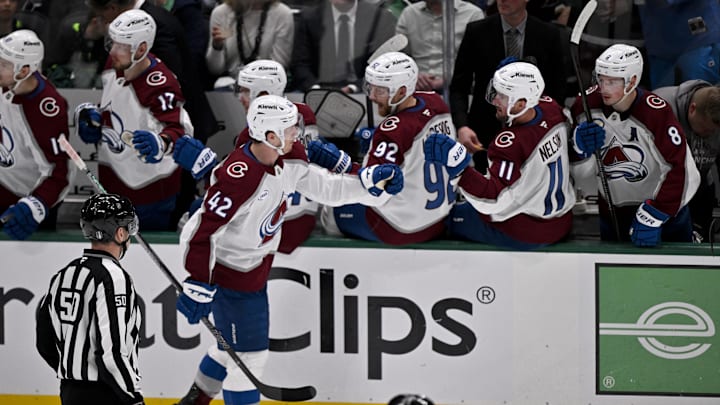 May 3, 2025; Dallas, Texas, USA; Colorado Avalanche defenseman Josh Manson (42) skates past his teammates after he scores a a short-handed goal against the Dallas Stars during the second period in game seven of the first round of the 2025 Stanley Cup Playoffs at American Airlines Center. Mandatory Credit: Jerome Miron-Imagn Images