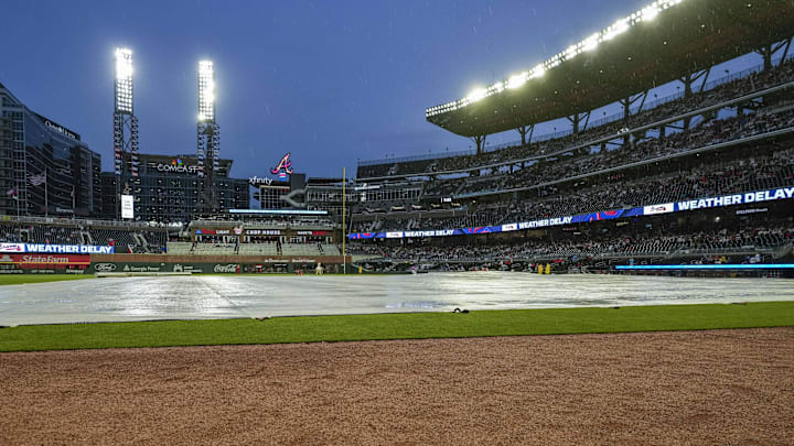 May 18, 2024; Cumberland, Georgia, USA; A general view of the field during a rain delay prior to the start of the game between the San Diego Padres and the Atlanta Braves at Truist Park. Mandatory Credit: Dale Zanine-Imagn Images