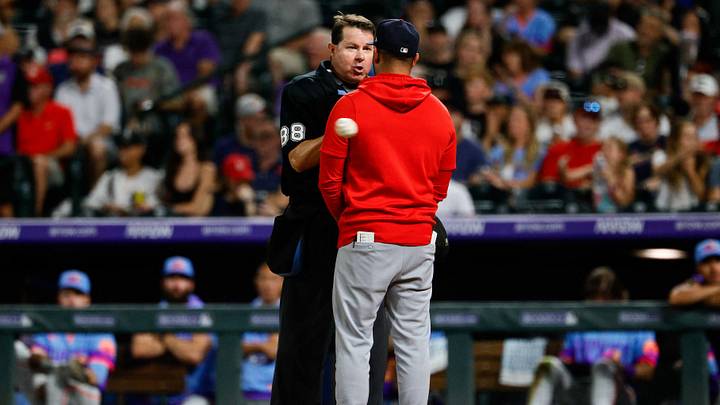 Sep 4, 2026; Denver, Colorado, USA; St. Louis Cardinals manager Oliver Marmol (37) argues with home plate umpire Doug Eddings (88) in the sixth inning against the Colorado Rockies at Coors Field. Mandatory Credit: Isaiah J. Downing-Imagn Images