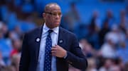 Nov 11, 2025; Chapel Hill, North Carolina, USA; North Carolina Tar Heels head coach Hubert Davis watches his team during the first half against the Radford Highlanders at Dean E. Smith Center. Mandatory Credit: Scott Kinser-Imagn Images