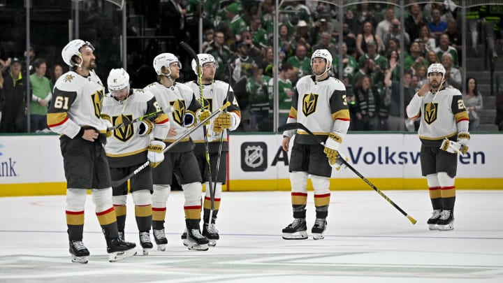 May 5, 2024; Dallas, Texas, USA; The Vegas Golden Knights wait to shake hands with the Dallas Stars after the Stars defeat the Golden Knights in game seven of the first round of the 2024 Stanley Cup Playoffs at American Airlines Center. Mandatory Credit: Jerome Miron-USA TODAY Sports