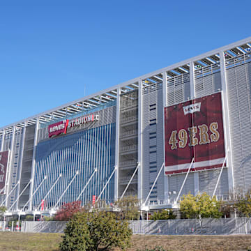 Nov 19, 2023; Santa Clara, California, USA; A view of the outside of the stadium before the game between the San Francisco 49ers and the Tampa Bay Buccaneers at Levi's Stadium. Mandatory Credit: Darren Yamashita-Imagn Images