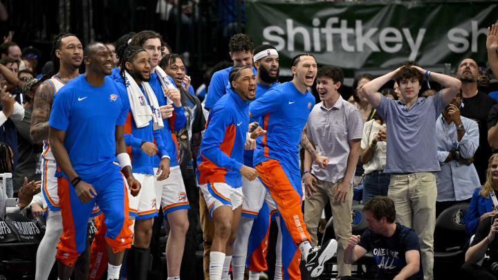 May 13, 2024; Dallas, Texas, USA; The Oklahoma City Thunder bench celebrates during the second half against the Dallas Mavericks in game four of the second round for the 2024 NBA playoffs at American Airlines Center. Mandatory Credit: Jerome Miron-USA TODAY Sports