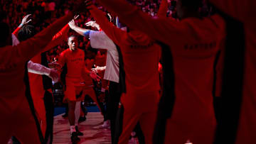 Oct 6, 2025; Vancouver, British Columbia, CAN; Toronto Raptors guard Scottie Barnes (4) walks out during player introductions prior to the start of a game against the Denver Nuggets at Rogers Arena. Mandatory Credit: Bob Frid-Imagn Images