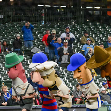 Apr 2, 2025; Milwaukee, Wisconsin, USA; Kansas City Royals pitcher Hunter Harvey (56) waits for the sausge race in the sixth inning against the Milwaukee Brewers at American Family Field. Mandatory Credit: Benny Sieu-Imagn Images
