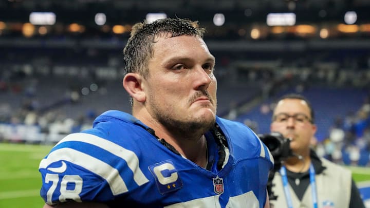 Indianapolis Colts center Ryan Kelly (78) leaves the field Sunday, Jan. 5, 2025, after defeating the Jacksonville Jaguars 26-23 in overtime at Lucas Oil Stadium in Indianapolis. Indianapolis Colts center Ryan Kelly (78) leaves the field Sunday, Jan. 5, 2025, after defeating the Jacksonville Jaguars 26-23 in overtime at Lucas Oil Stadium in Indianapolis.