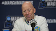 Mar 19, 2025; Lexington, KY, USA;  UCLA head coach Mick Cronin speaks with media during NCAA Tournament First Round Practice at Rupp Arena. Mandatory Credit: Aaron Doster-Imagn Images