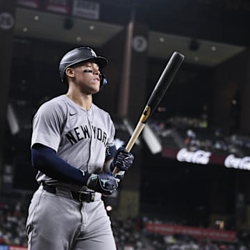 Sep 2, 2024; Arlington, Texas, USA; New York Yankees center fielder Aaron Judge (99) walks to the on deck circle during the ninth inning against the Texas Rangers at Globe Life Field. Mandatory Credit: Jerome Miron-USA TODAY Sports