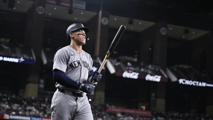 Sep 2, 2024; Arlington, Texas, USA; New York Yankees center fielder Aaron Judge (99) walks to the on deck circle during the ninth inning against the Texas Rangers at Globe Life Field. Mandatory Credit: Jerome Miron-USA TODAY Sports