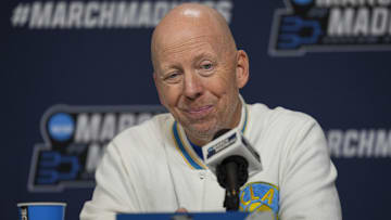 Mar 19, 2025; Lexington, KY, USA;  UCLA head coach Mick Cronin speaks with media during NCAA Tournament First Round Practice at Rupp Arena. Mandatory Credit: Aaron Doster-Imagn Images