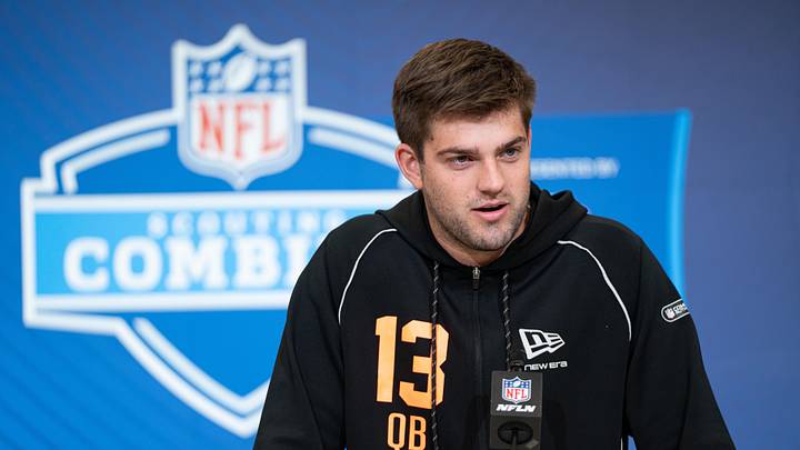 Feb 27, 2026; Indianapolis, IN, USA; LSU quarterback Garrett Nussmeier (QB13) speaks to members of the media during the NFL Combine at the Indiana Convention Center. Mandatory Credit: Jacob Musselman-Imagn Images