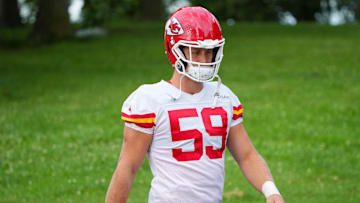 Jul 22, 2025; St. Joseph, MO, USA; Kansas City Chiefs linebacker Cooper McDonald (59) walks down the hill to the practice fields during training camp at Missouri Western State University. Mandatory Credit: Denny Medley-Imagn Images