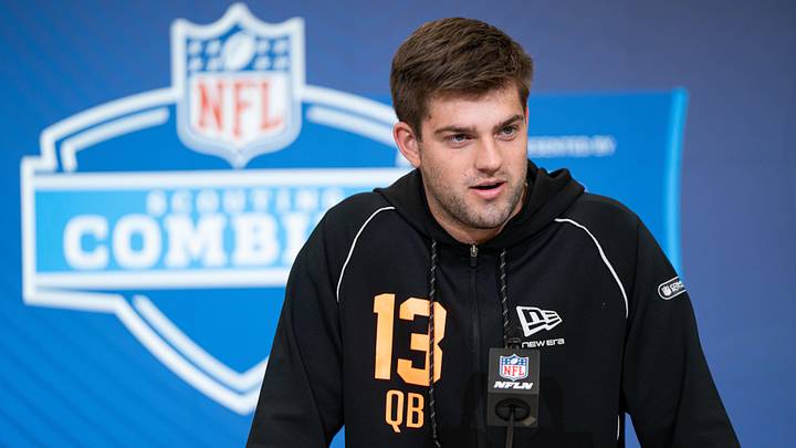 Feb 27, 2026; Indianapolis, IN, USA; LSU quarterback Garrett Nussmeier (QB13) speaks to members of the media during the NFL Combine at the Indiana Convention Center. Mandatory Credit: Jacob Musselman-Imagn Images