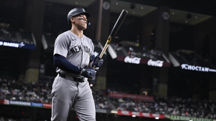 Sep 2, 2024; Arlington, Texas, USA; New York Yankees center fielder Aaron Judge (99) walks to the on deck circle during the ninth inning against the Texas Rangers at Globe Life Field. Mandatory Credit: Jerome Miron-USA TODAY Sports