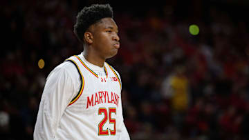 Jan 13, 2025; College Park, Maryland, USA; Maryland Terrapins center Derik Queen (25) looks on during the first half against the Minnesota Golden Gophers at Xfinity Center. Mandatory Credit: Reggie Hildred-Imagn Images
