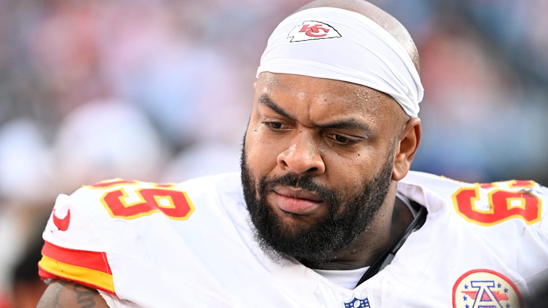 Nov 24, 2024; Charlotte, North Carolina, USA;  Kansas City Chiefs defensive tackle Mike Pennel Jr. (69) on the sidelines in the fourth quarter at Bank of America Stadium. Mandatory Credit: Bob Donnan-Imagn Images