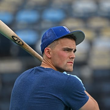 Sep 19, 2023; Kansas City, Missouri, USA; Kansas City Royals second baseman Michael Massey (19) gets set during batting practice before a game against the Cleveland Guardians at Kauffman Stadium.