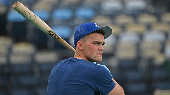 Sep 19, 2023; Kansas City, Missouri, USA; Kansas City Royals second baseman Michael Massey (19) gets set during batting practice before a game against the Cleveland Guardians at Kauffman Stadium.