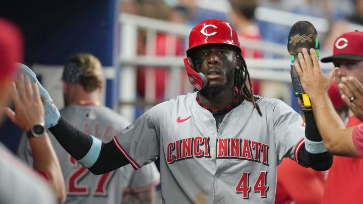 Aug 6, 2024; Miami, Florida, USA;  Cincinnati Reds shortstop Elly De La Cruz (44) celebrates scoring a run in the third inning against the Miami Marlins at loanDepot Park.