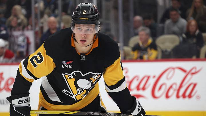 Pittsburgh Penguins right wing Rutger McGroarty (2) looks on against the Montréal Canadiens during the third period at PPG Paints Arena. Mandatory Credit: Charles LeClaire-Imagn Images