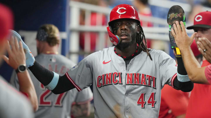 Aug 6, 2024; Miami, Florida, USA;  Cincinnati Reds shortstop Elly De La Cruz (44) celebrates scoring a run in the third inning against the Miami Marlins at loanDepot Park. Mandatory Credit: Jim Rassol-USA TODAY Sports