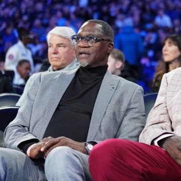 Feb 17, 2024; Indianapolis, IN, USA; Former basketball players Dominique Wilkins (left) and Shaquille O'Neal attend NBA All Star Saturday Night at Lucas Oil Stadium. Mandatory Credit: Kyle Terada-USA TODAY Sports