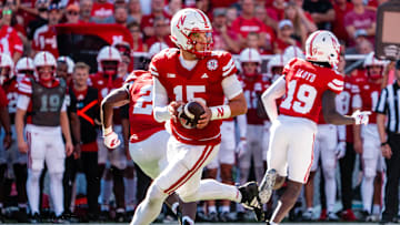 Aug 31, 2024; Lincoln, Nebraska, USA; Nebraska Cornhuskers quarterback Dylan Raiola (15) rolls out to pass against the UTEP Miners during the third quarter at Memorial Stadium. 