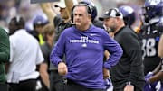 Nov 29, 2025; Fort Worth, Texas, USA; TCU Horned Frogs head coach Sonny Dykes looks on during the first quarter against the Cincinnati Bearcats at Amon G. Carter Stadium. Mandatory Credit: Jerome Miron-Imagn Images