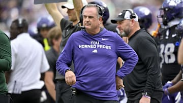 Nov 29, 2025; Fort Worth, Texas, USA; TCU Horned Frogs head coach Sonny Dykes looks on during the first quarter against the Cincinnati Bearcats at Amon G. Carter Stadium. Mandatory Credit: Jerome Miron-Imagn Images