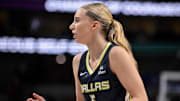 Aug 1, 2025; Dallas, Texas, USA; Dallas Wings guard Paige Bueckers (5) in action during the game between the Dallas Wings and the Indiana Fever at the American Airlines Center.