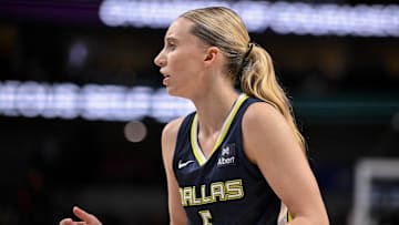 Aug 1, 2025; Dallas, Texas, USA; Dallas Wings guard Paige Bueckers (5) in action during the game between the Dallas Wings and the Indiana Fever at the American Airlines Center.