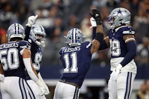 Dallas Cowboys linebacker Micah Parsons (11) celebrates a sack