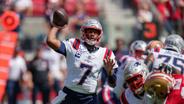 Sep 29, 2024; Santa Clara, California, USA; New England Patriots quarterback Jacoby Brissett (7) passes the football against the San Francisco 49ers during the first quarter at Levi's Stadium. Mandatory Credit: Neville E. Guard-Imagn Images