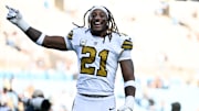 Nov 9, 2025; Charlotte, North Carolina, USA; New Orleans Saints safety Justin Reid (21) celebrates after the game against the Carolina Panthers at Bank of America Stadium. Mandatory Credit: Bob Donnan-Imagn Images