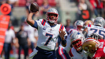 Sep 29, 2024; Santa Clara, California, USA; New England Patriots quarterback Jacoby Brissett (7) passes the football against the San Francisco 49ers during the first quarter at Levi's Stadium. Mandatory Credit: Neville E. Guard-Imagn Images