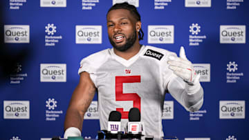 Jun 17, 2025; East Rutherford, NJ, USA; New York Giants linebacker Kayvon Thibodeaux (5) speaks at a press conference during minicamp at Quest Diagnostics Training Center. Mandatory Credit: John Jones-Imagn Images