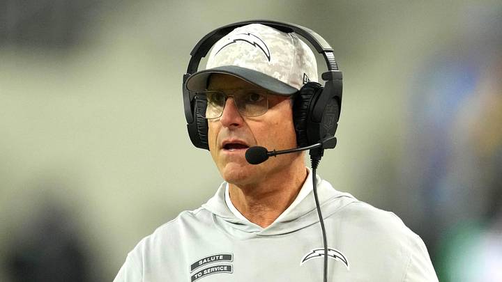 Nov 25, 2024; Inglewood, California, USA; Los Angeles Chargers coach Jim Harbaugh reacts against the Baltimore Ravens in the first half at SoFi Stadium. Mandatory Credit: Kirby Lee-Imagn Images