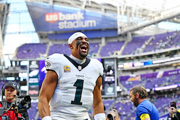 Philadelphia Eagles quarterback Jalen Hurts (1) celebrates after the win against the Minnesota Vikings at U.S. Bank Stadium. 