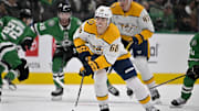 Dec 12, 2024; Dallas, Texas, USA; Nashville Predators left wing Zachary L'Heureux (68) in action during the game between the Dallas Stars and the Nashville Predators at American Airlines Center. Mandatory Credit: Jerome Miron-Imagn Images