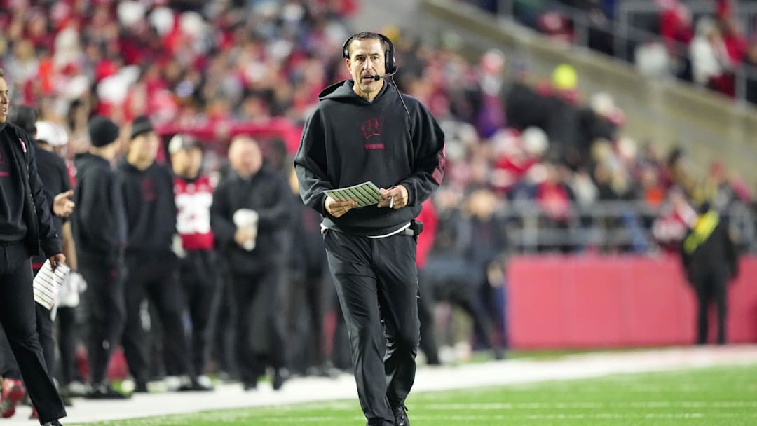 Nov 8, 2025; Madison, Wisconsin, USA;  Wisconsin Badgers head coach Luke Fickell looks on during the second quarter against the Washington Huskies at Camp Randall Stadium. Mandatory Credit: Jeff Hanisch-Imagn Images