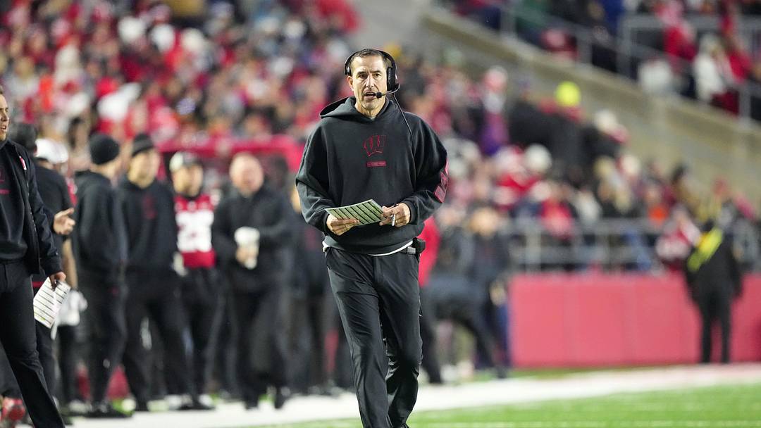 Nov 8, 2025; Madison, Wisconsin, USA;  Wisconsin Badgers head coach Luke Fickell looks on during the second quarter against the Washington Huskies at Camp Randall Stadium. Mandatory Credit: Jeff Hanisch-Imagn Images