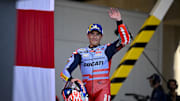 Apr 13, 2024; Austin, TX, USA; Marc Marquez (93) of Spain and Gresini Racing MotoGP waves to the fans after the Americas Grand Prix sprint race at Circuit of The Americas. Mandatory Credit: Jerome Miron-Imagn Images