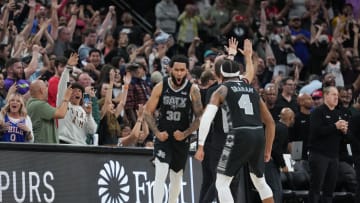 Apr 7, 2024; San Antonio, Texas, USA;  San Antonio Spurs forward Julian Champagnie (30) reacts with