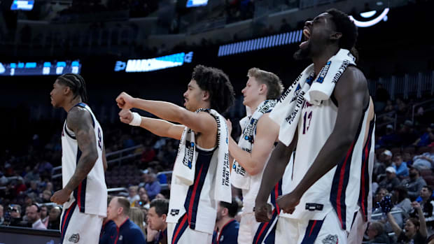 Gonzaga Bulldogs guard Khalif Battle (99), guard Ryan Nembhard (0) and forward Graham Ike (13). 