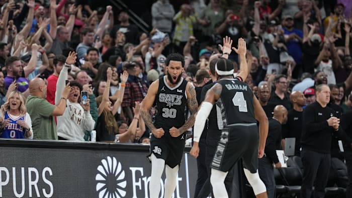 Apr 7, 2024; San Antonio, Texas, USA;  San Antonio Spurs forward Julian Champagnie (30) reacts with